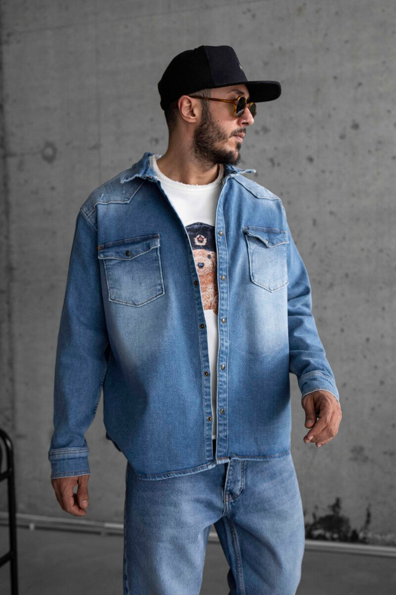 BRAD PITT PRINTED DENIM JACKET BLUE 16967