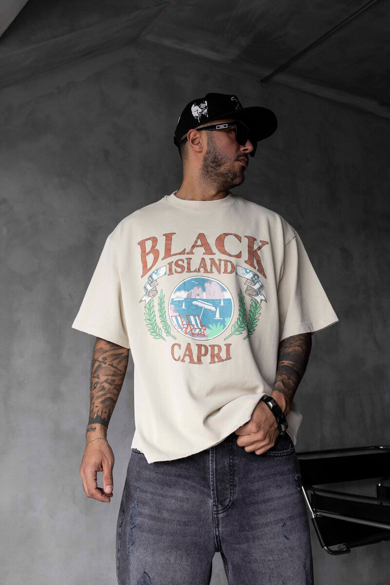 Capri Vintage Printed Oversize Beige T-Shirt 1857