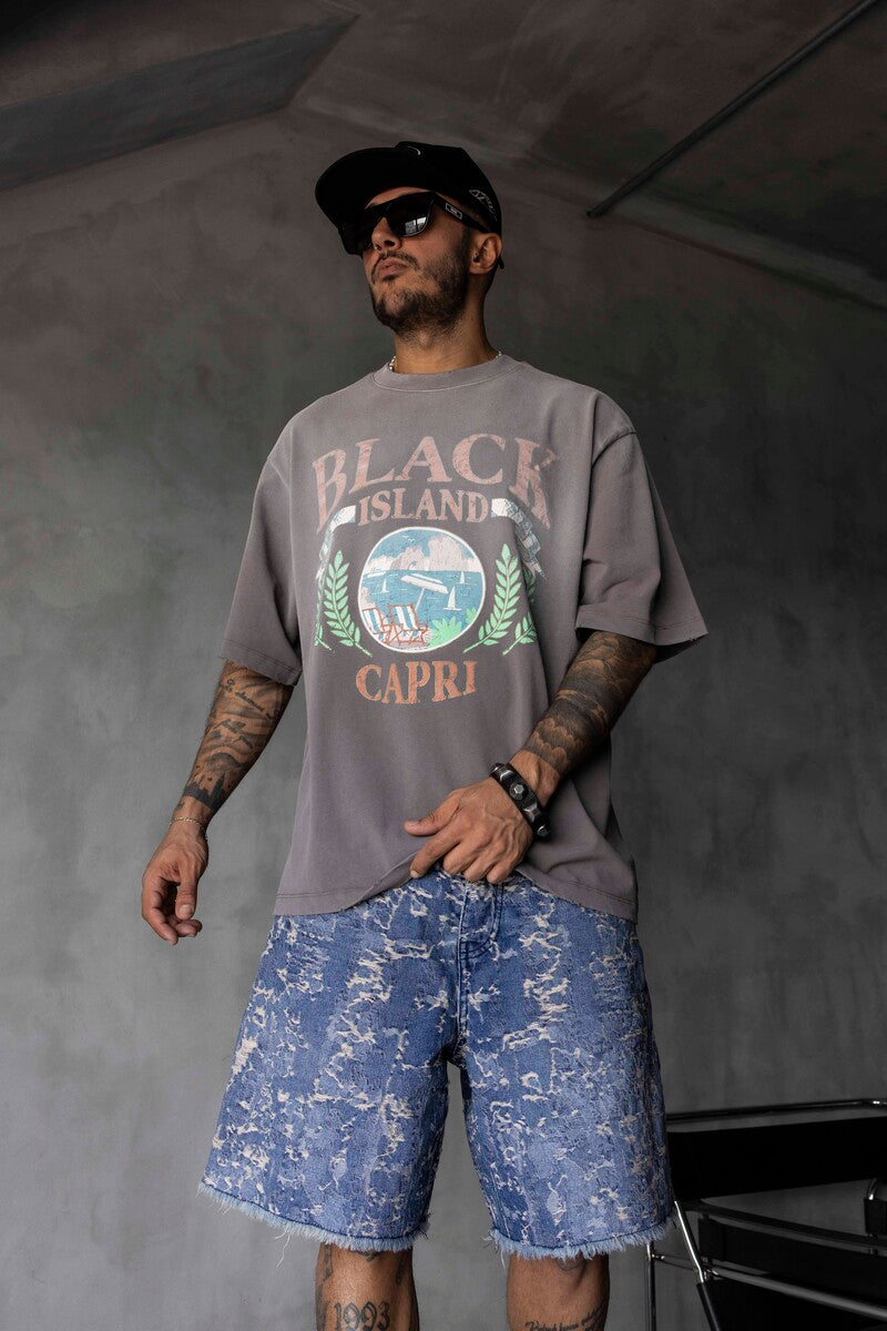 Capri Vintage Printed Oversize Gray T-Shirt 1857