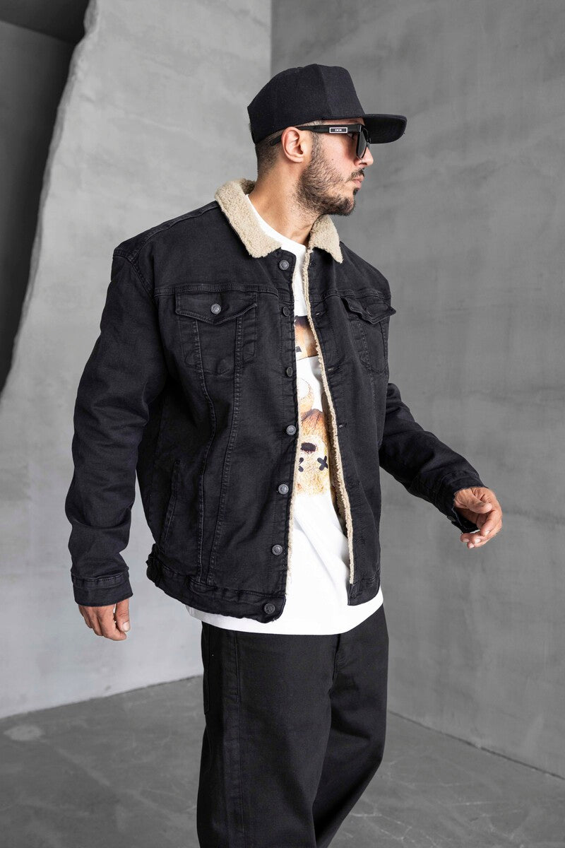 FUR COLLOR DENIM JACKET BLACK 15955