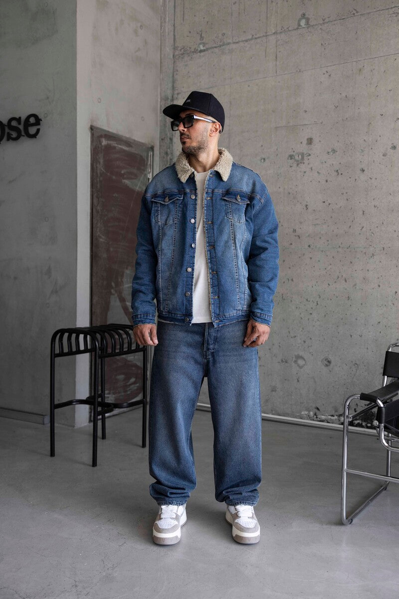 fur collor denım jacket blue 15405
