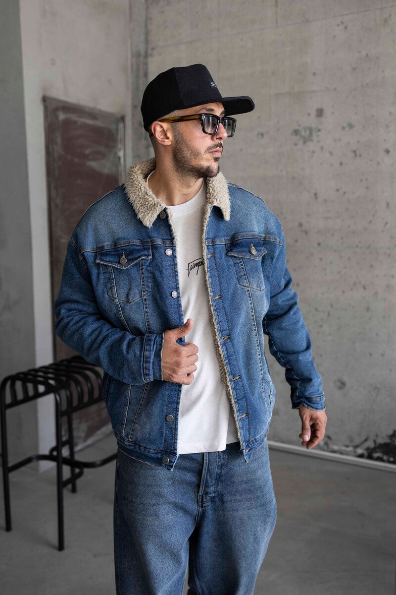 fur collor denım jacket blue 15405