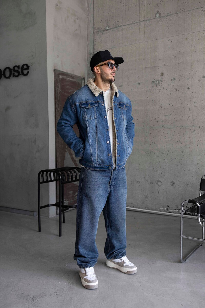 fur collor denım jacket blue 15405