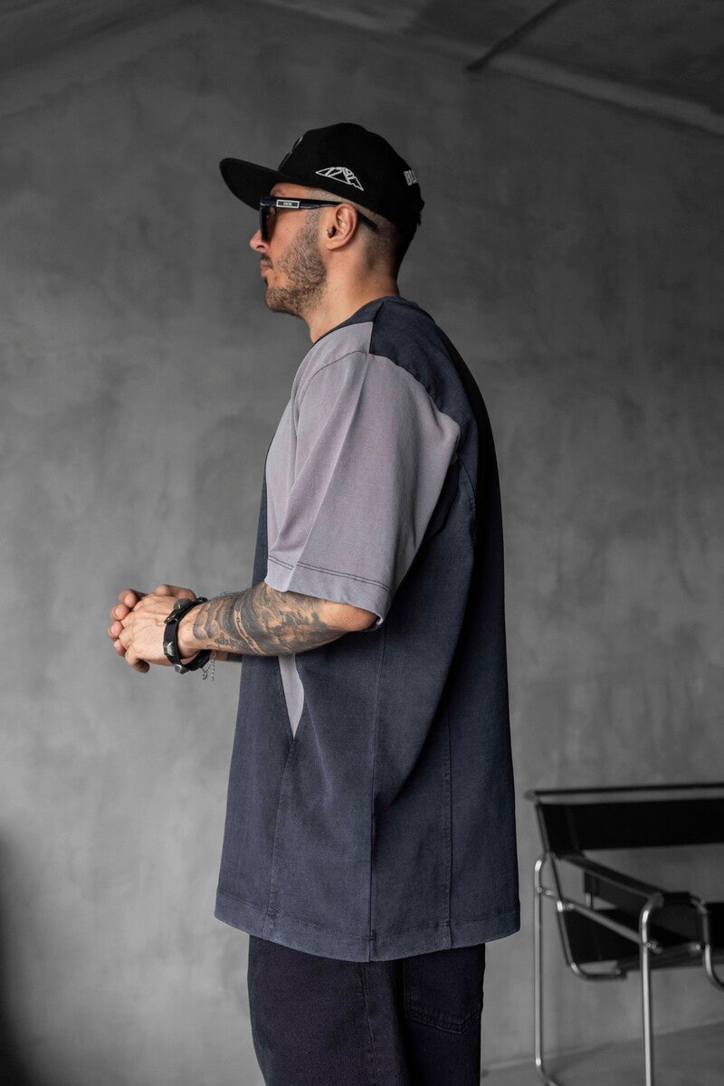 HEAVYWEIGHT SPLIT EMBROIDERED WASHED BLACK T-SHIRT 1831