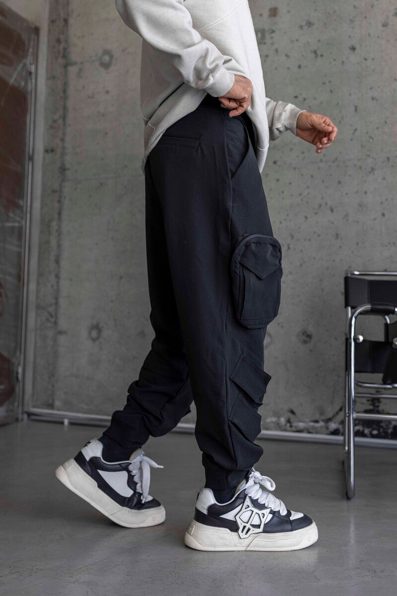 Belt-Detail Cargo Jogger Pants – Multi-Pocket Design Jogger Pants Black 16407