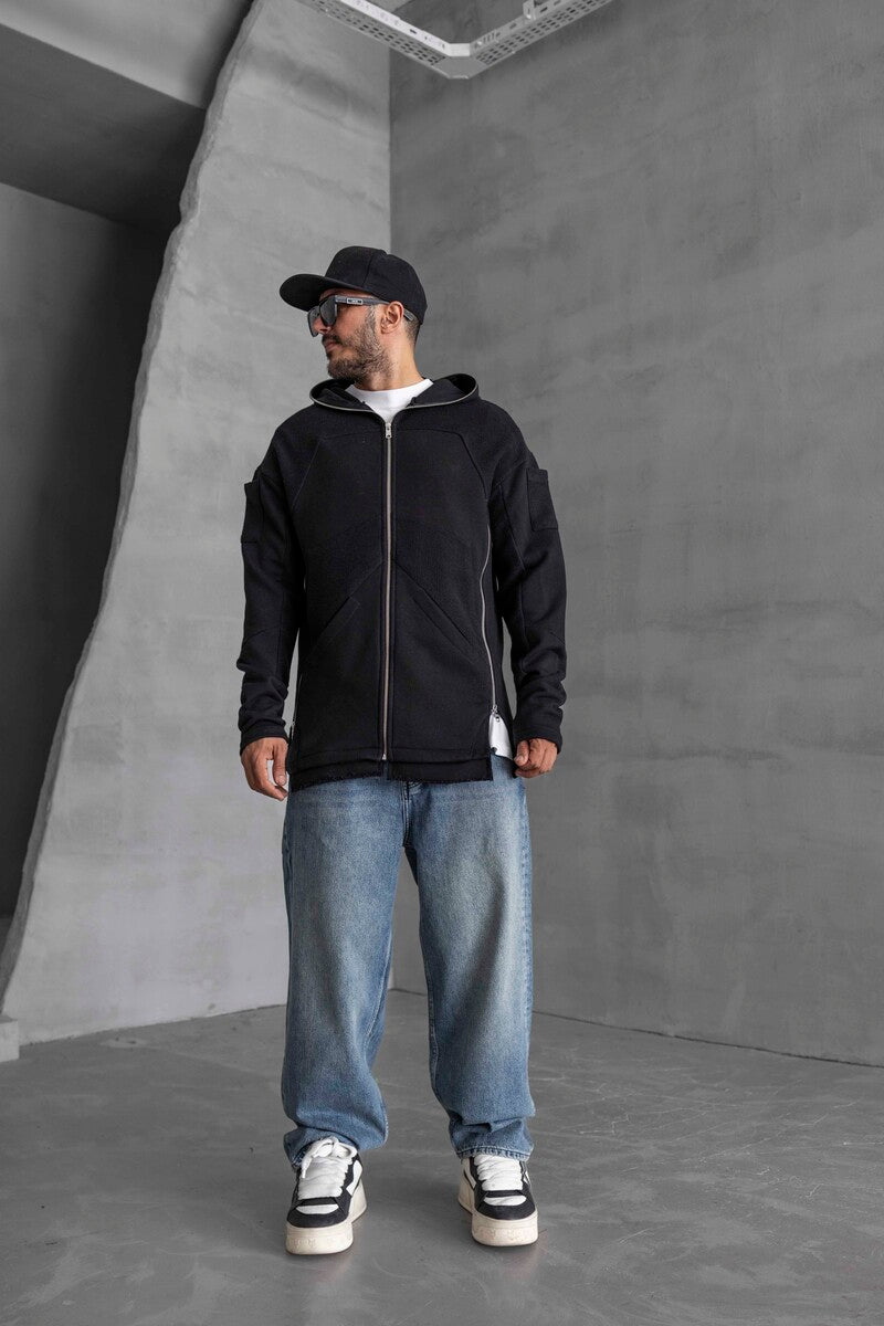Long Asymmetric Zippers Hoodie Black 1470