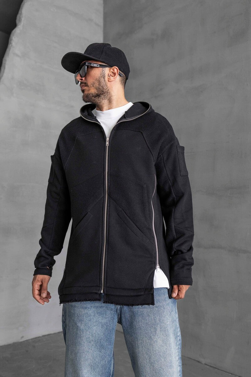 Long Asymmetric Zippers Hoodie Black 1470