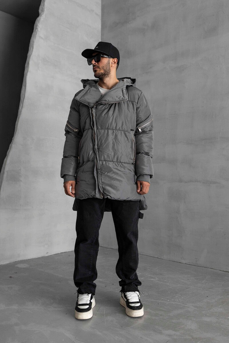 Long Coat Assymetric Grey Zip Jacket 7001