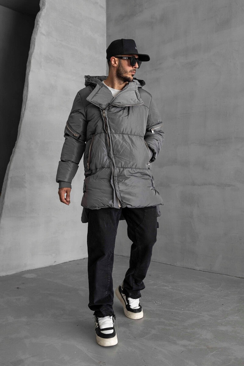 Long Coat Assymetric Grey Zip Jacket 7001