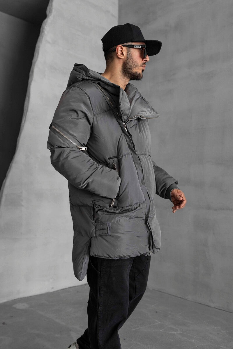 Long Coat Assymetric Grey Zip Jacket 7001