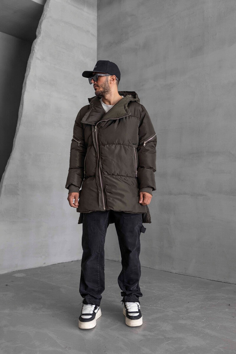 Long Coat Assymetric Khaki Zip Jacket 7001
