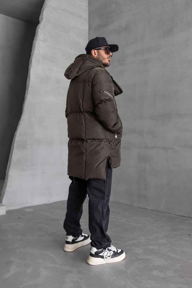 Long Coat Assymetric Khaki Zip Jacket 7001