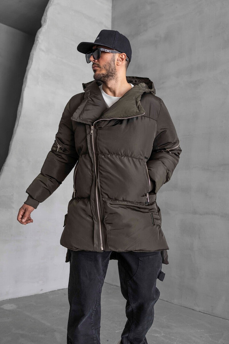 Long Coat Assymetric Khaki Zip Jacket 7001