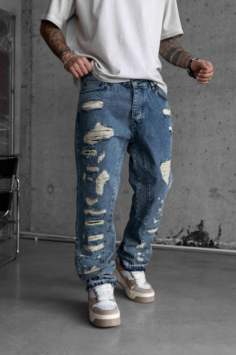 Loose Fıt Blue Ripped Jeans 16853