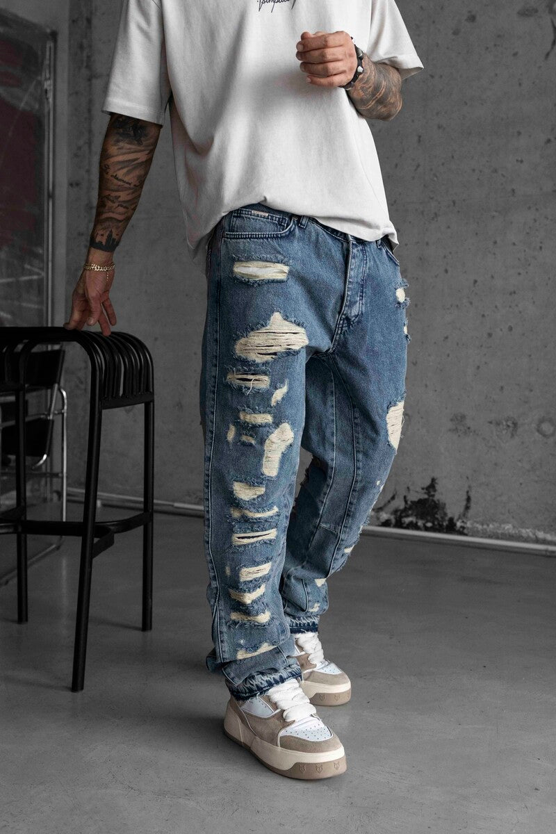 Loose Fıt Blue Ripped Jeans 16853