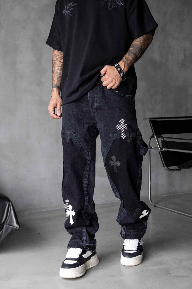 Loose Fit Patterned Black Cross Jeans 17063