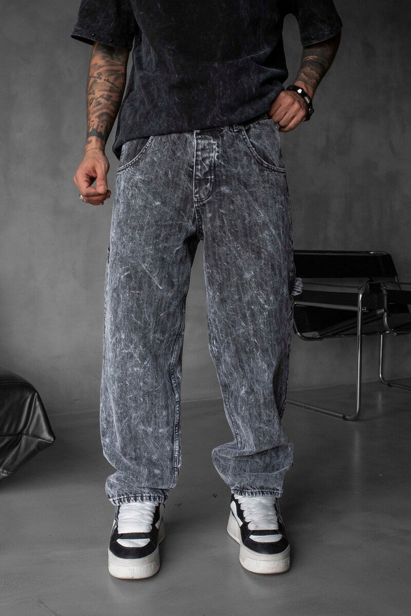 Loose Fit Patterned Black Jeans 17073