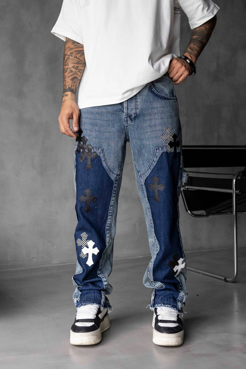 Loose Fit Patterned Blue Cross Jeans 17061