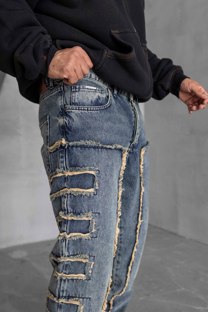 Loose Fıt Patterned Blue Jeans 16888
