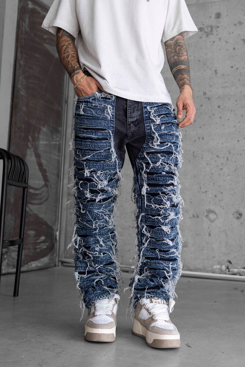 Loose Fıt Patterned Blue Jeans 16935