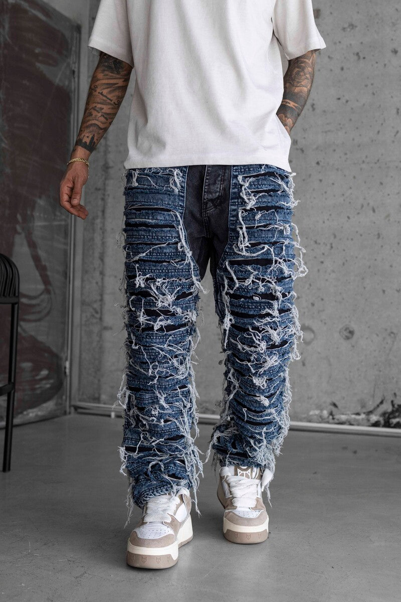 Loose Fıt Patterned Blue Jeans 16935