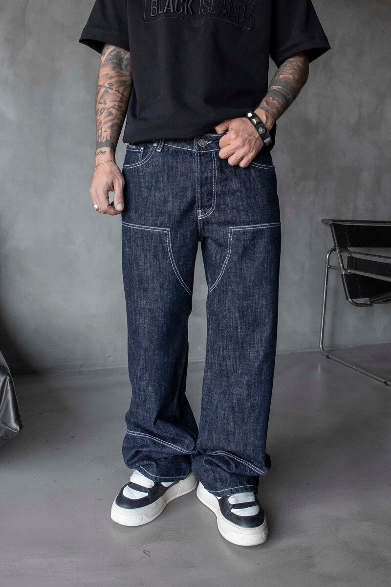 Loose Fit Patterned Blue Jeans 17105