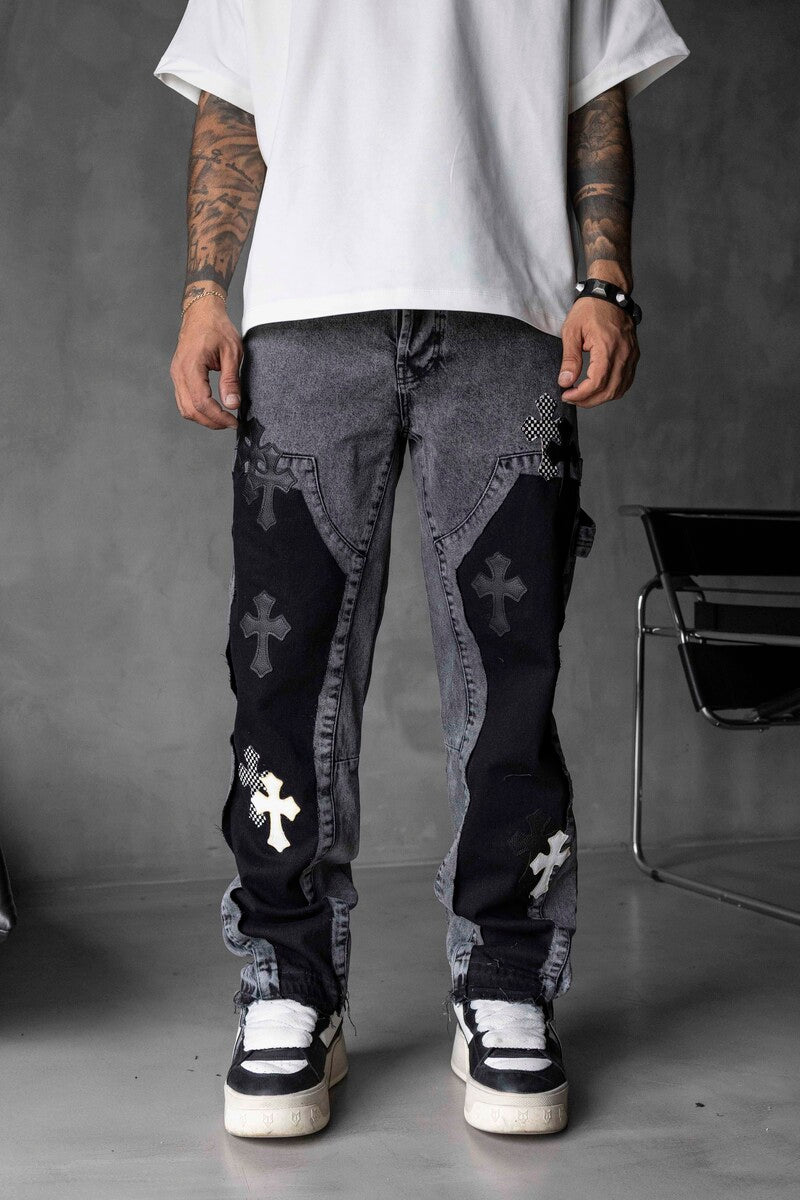 Loose Fit Patterned Gray Cross Jeans 17064