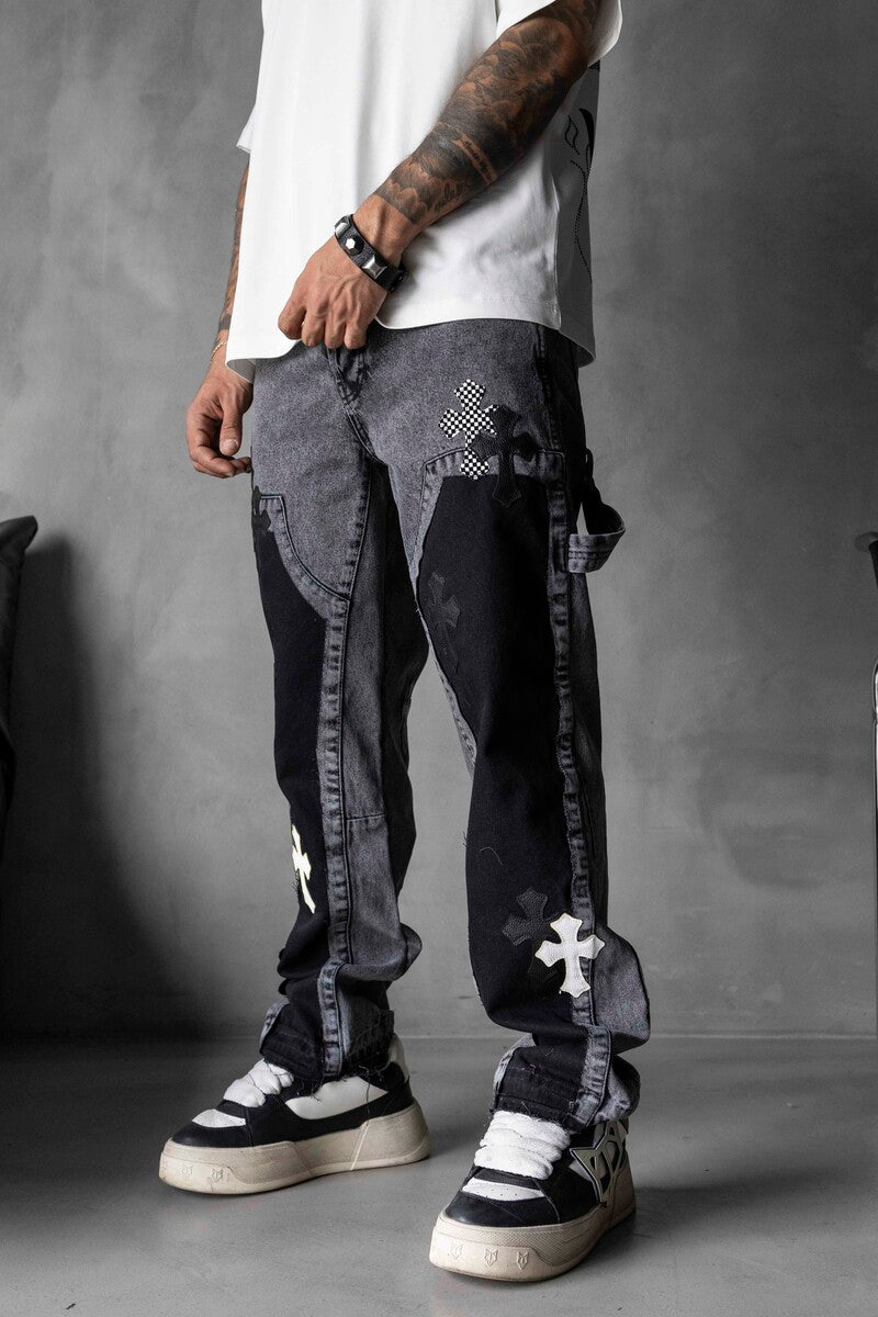 Loose Fit Patterned Gray Cross Jeans 17064