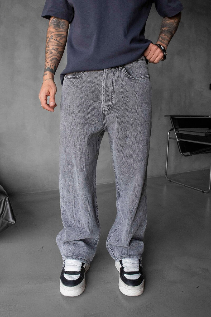 Loose Fit Patterned Gray Jeans 17100