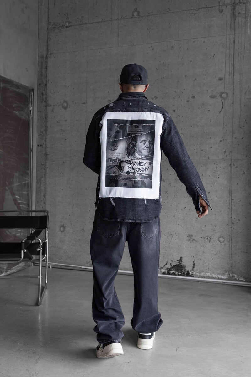 NO MONEY PRINTED DENIM JACKET BLACK 16974