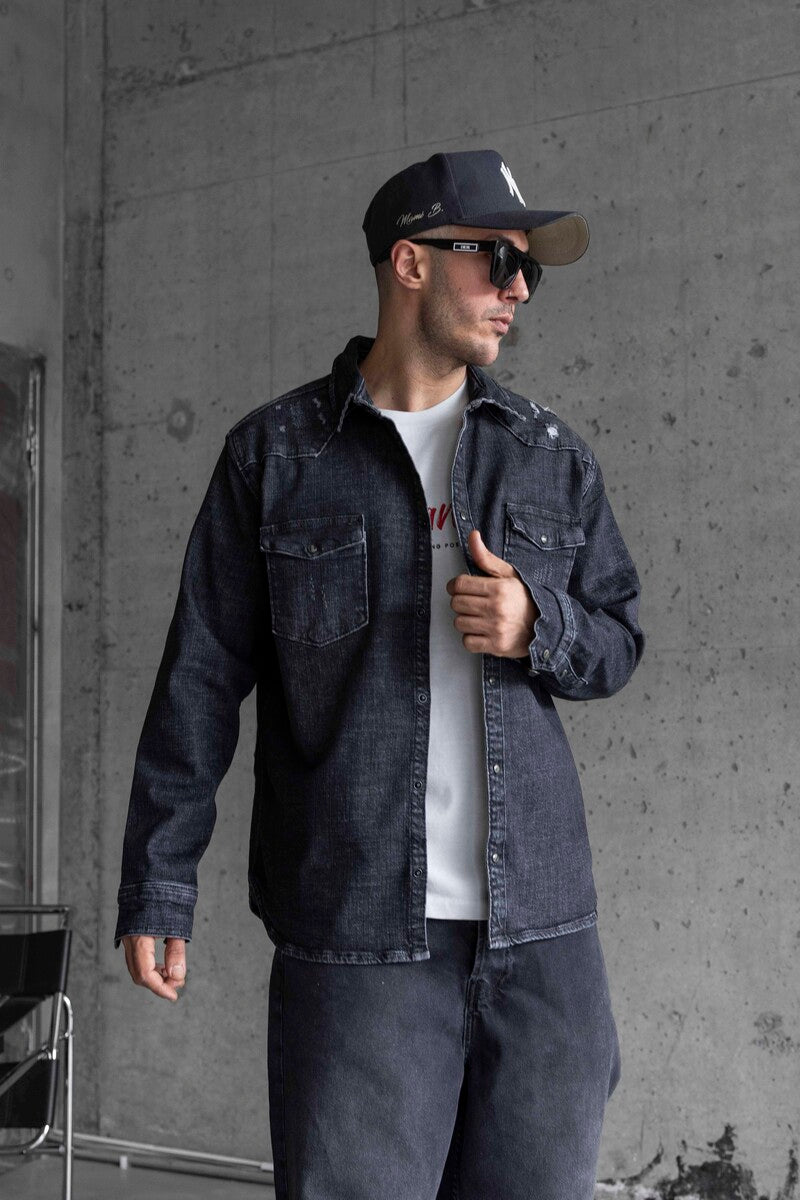 NO MONEY PRINTED DENIM JACKET BLACK 16974