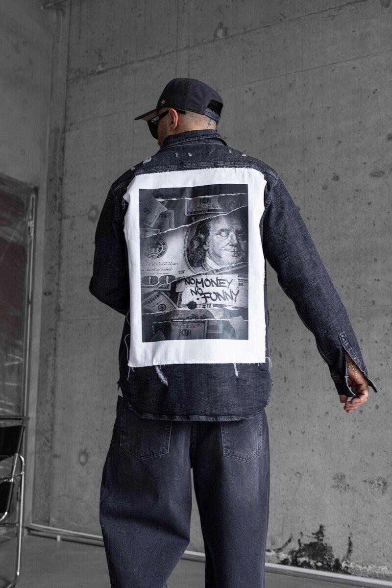 NO MONEY PRINTED DENIM JACKET BLACK 16974