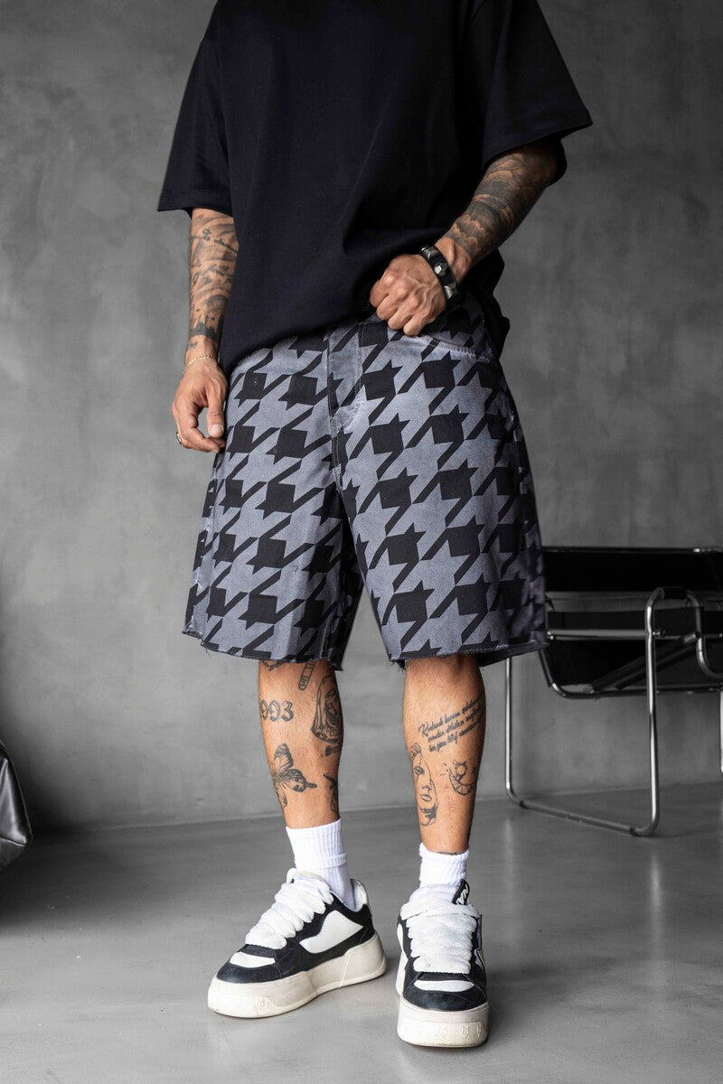 Patterned Denim Shorts Gray 17151