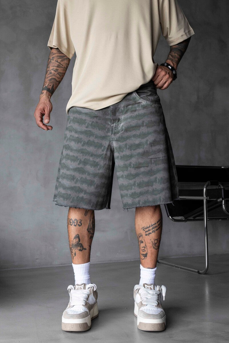 Patterned Denim Shorts Green 17148