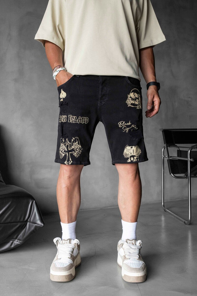 Printed Denim Short Black 16274