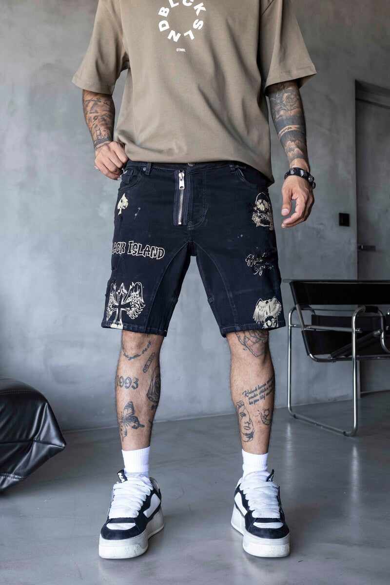Printed Denim Short Black 16281