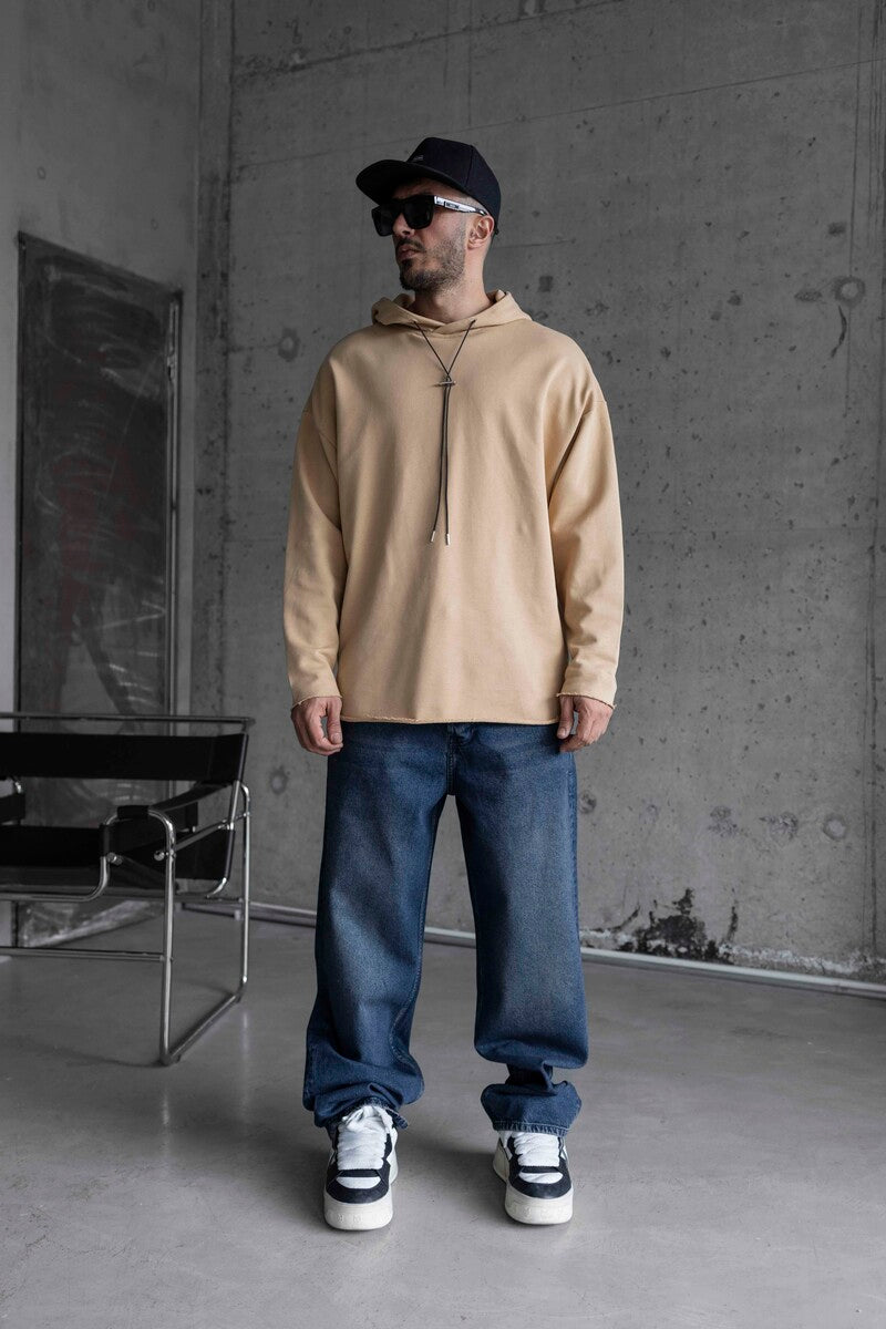 Short Asymmetric Zip Hoodie Beige 1484