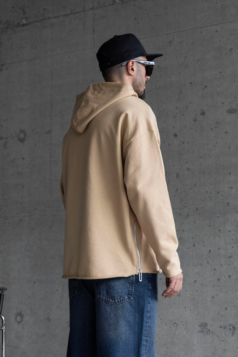 Short Asymmetric Zip Hoodie Beige 1484