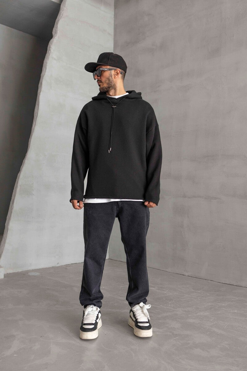Short Asymmetric Zip Hoodie Black 1484