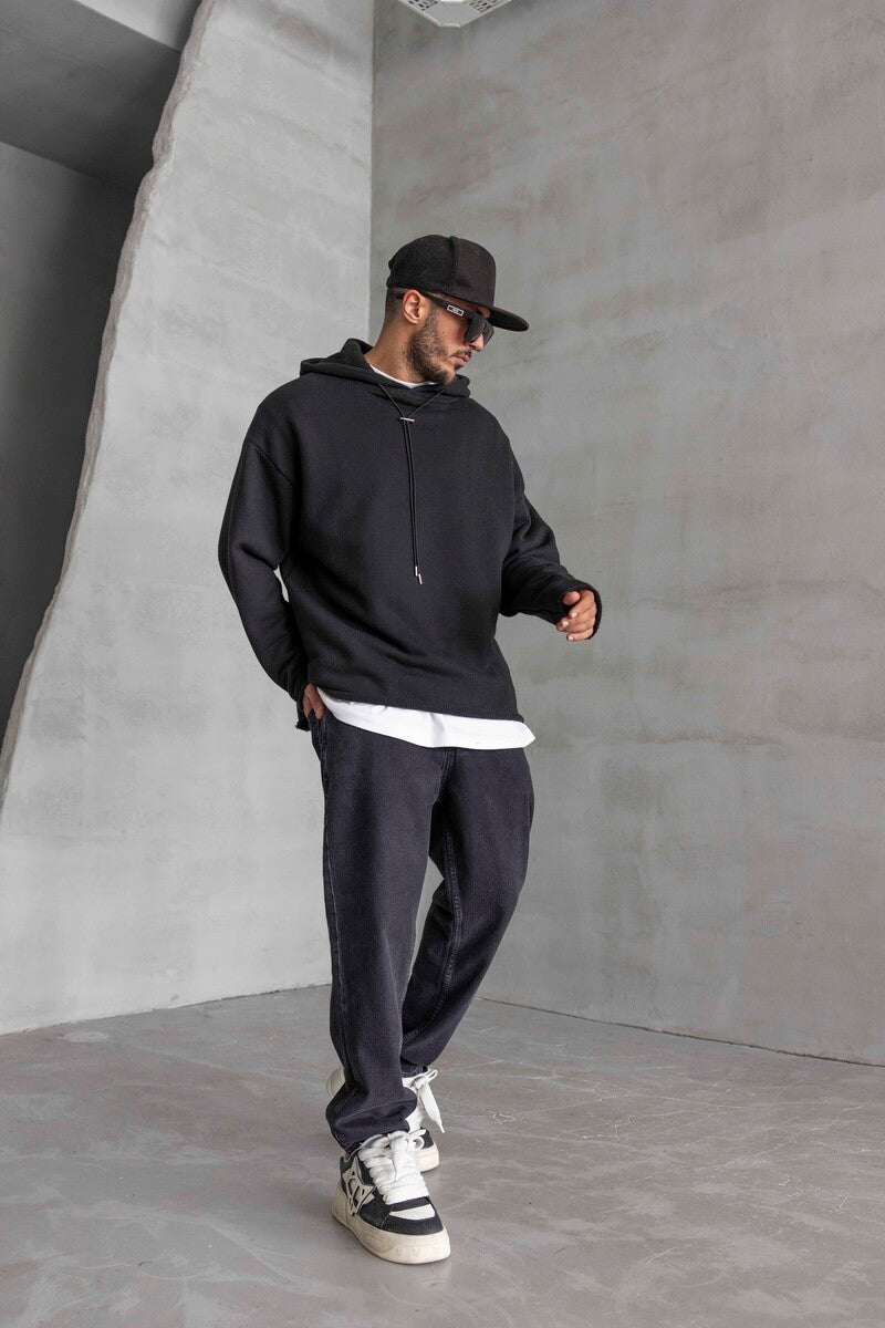 Short Asymmetric Zip Hoodie Black 1484