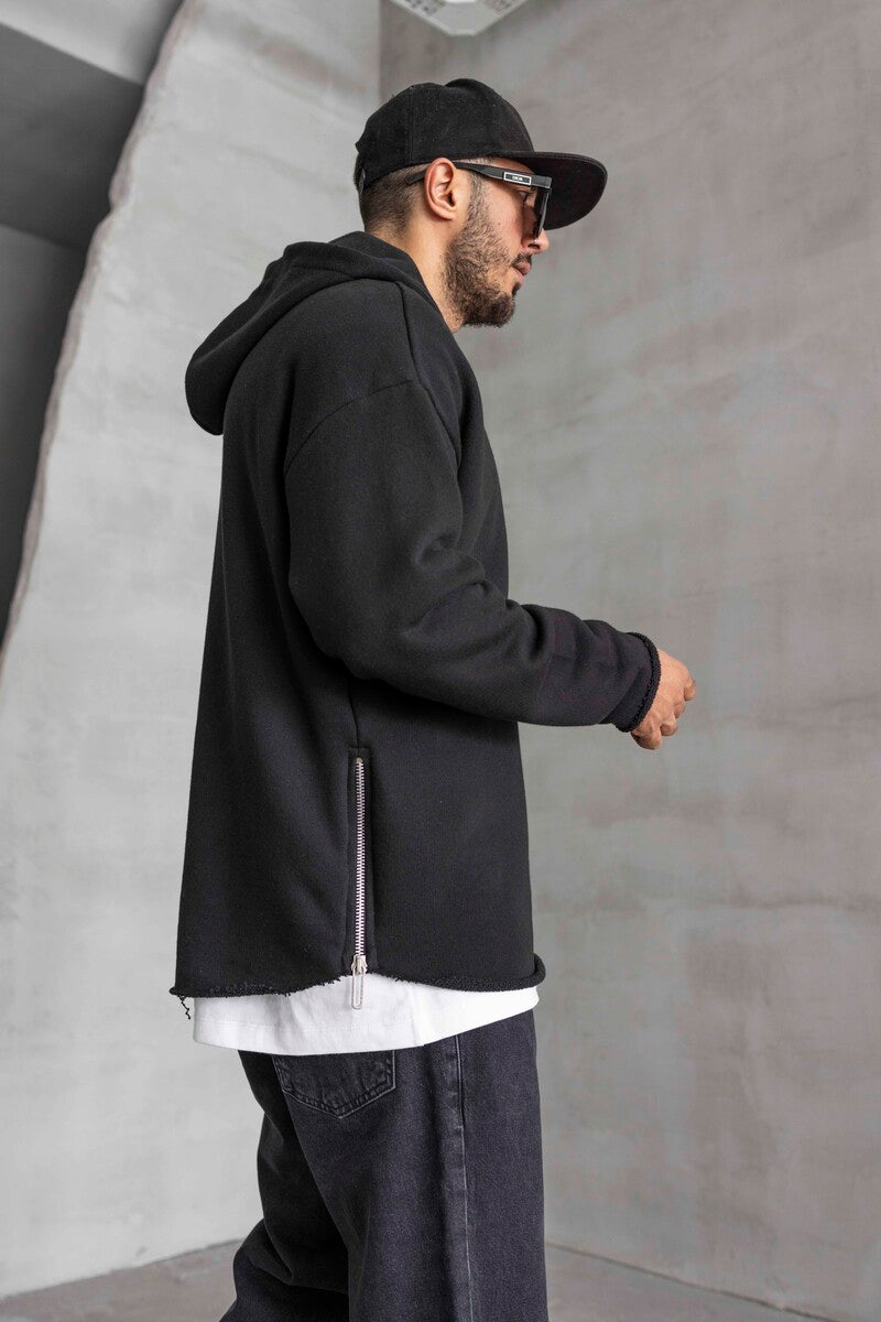 Short Asymmetric Zip Hoodie Black 1484