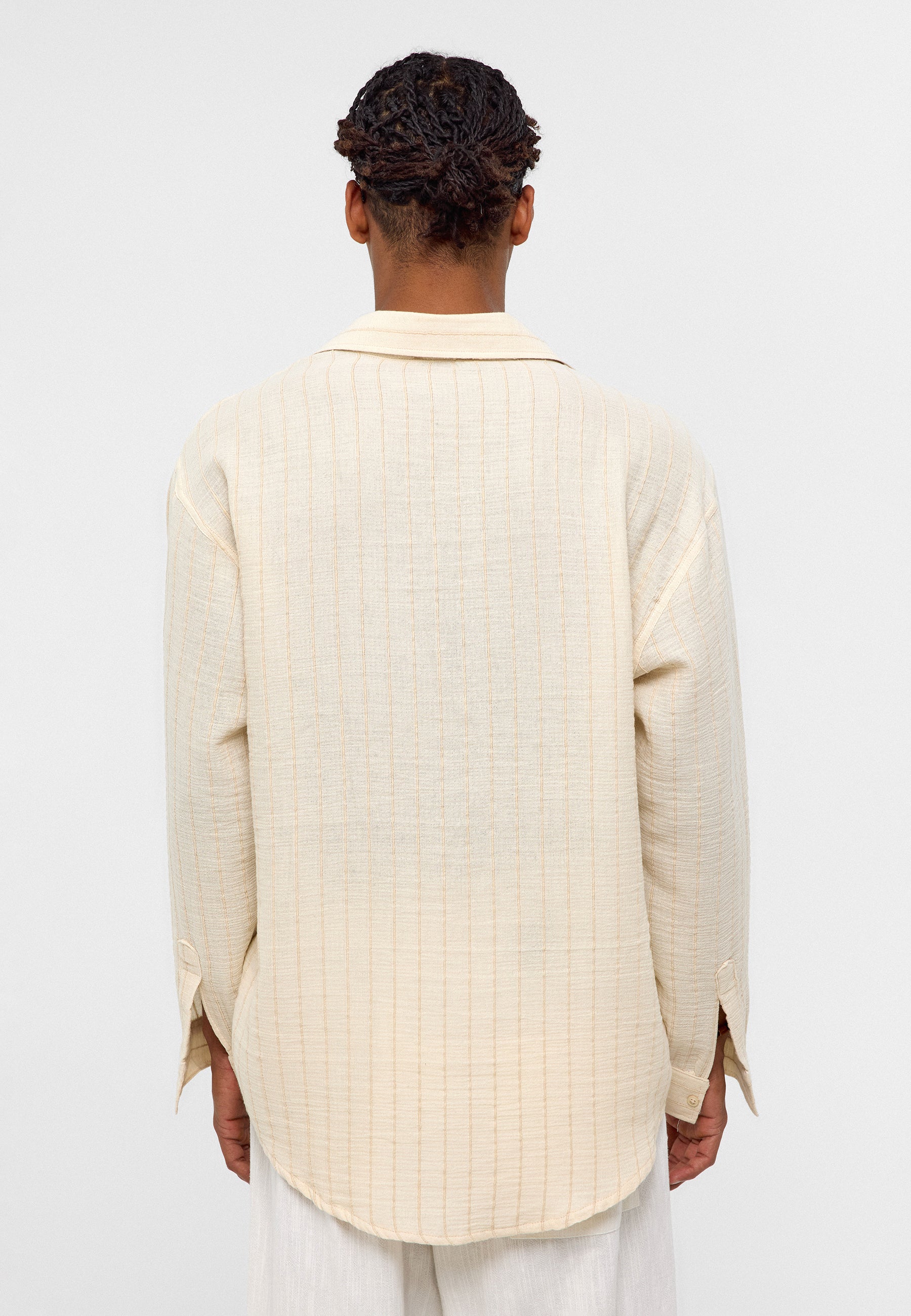 Bright White Polo-Collar Muslin Long‑Sleeve — Lightweight Relaxed Essentials