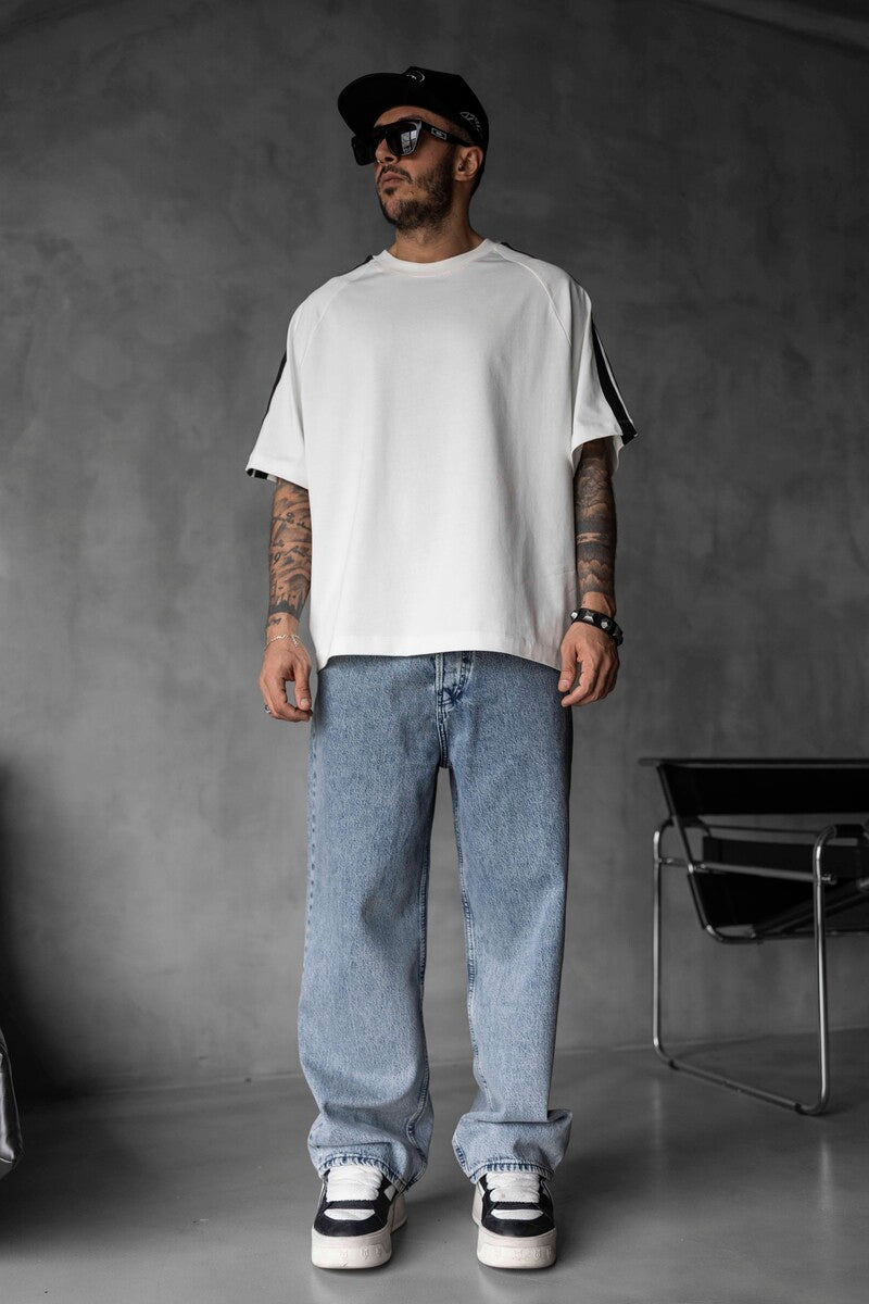 White Oversized T-Shirt with Black Stripes 1834